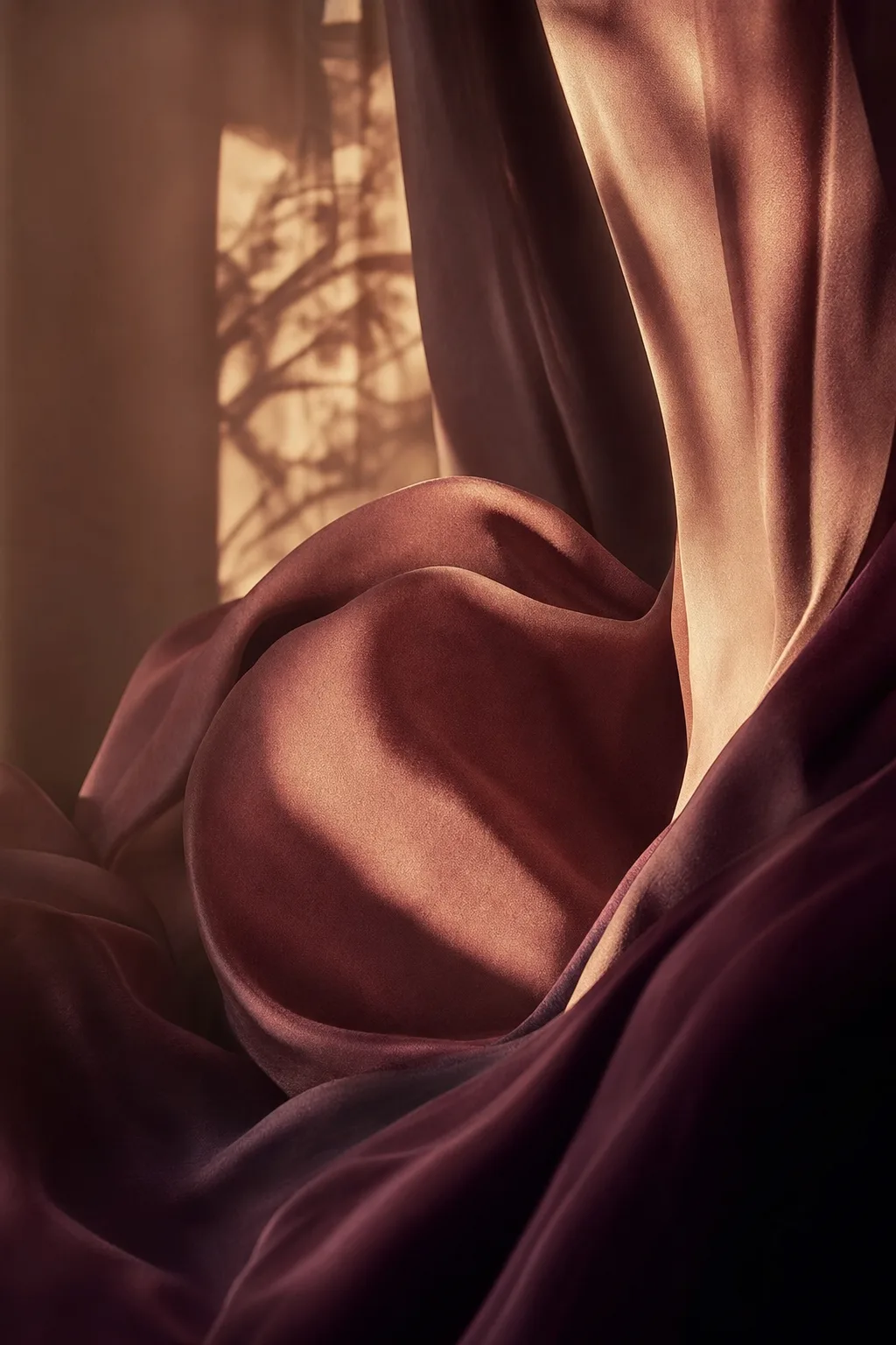 Soft sculptural curves of aubergine and clay silk in warm golden light